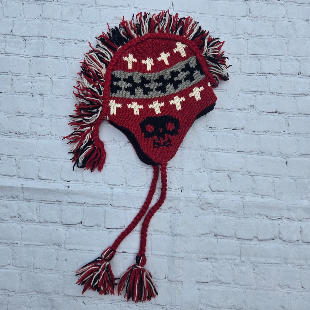 Nepal Wool Mohawk Skull Earflap Hat Red Black Punk Goth Emo Y2k Beanie